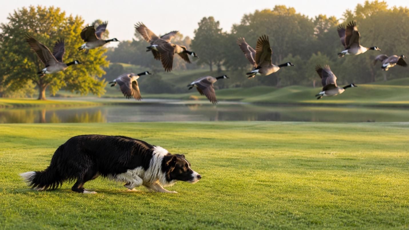 Border Collie chasing Canada geese off a lawn, humane goose control by Geese Chasers